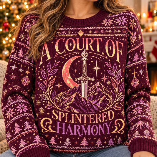 A Court of Splintered Harmony Burgundy knit ugly Christmas sweater - knit close-up
