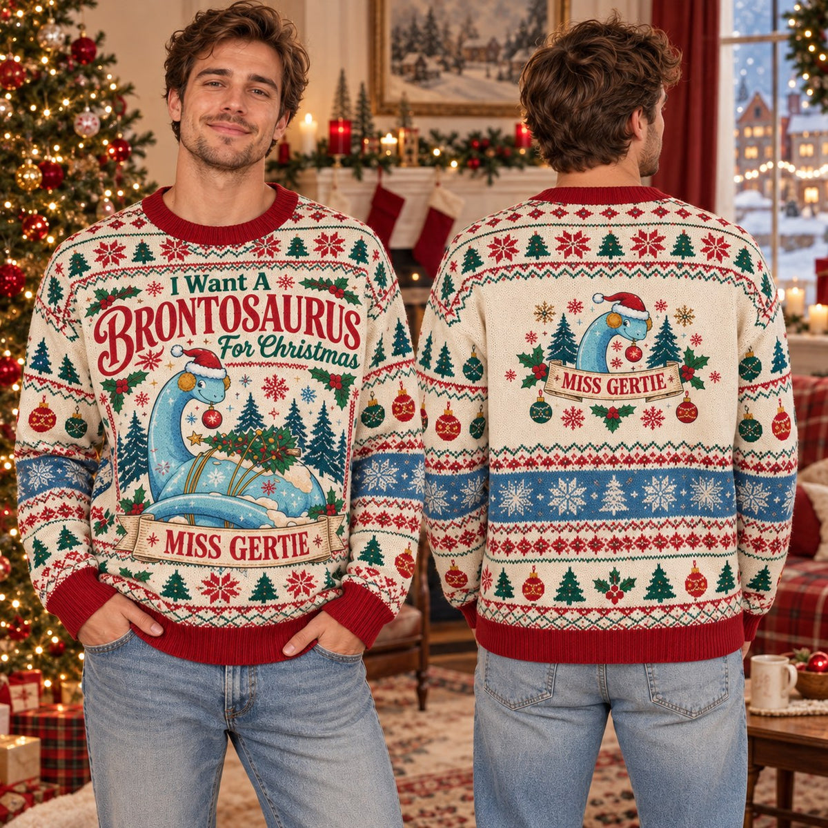 Miss Gertie Brontosaurus For Christmas knit ugly Christmas sweater - front and back