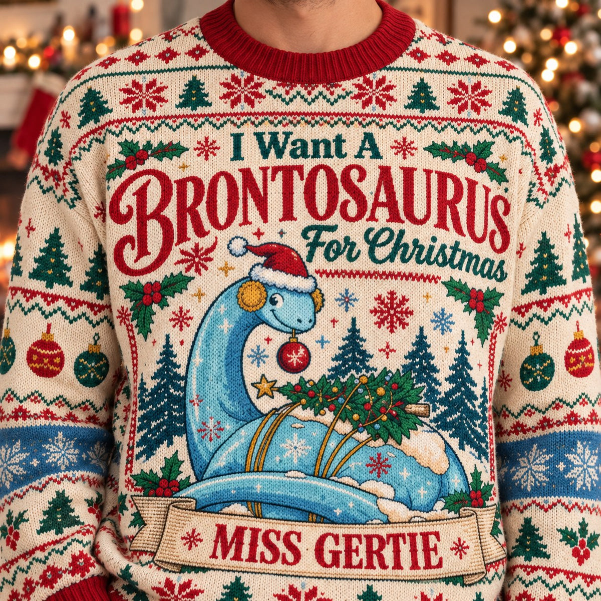 Miss Gertie Brontosaurus For Christmas knit ugly Christmas sweater - knit close-up