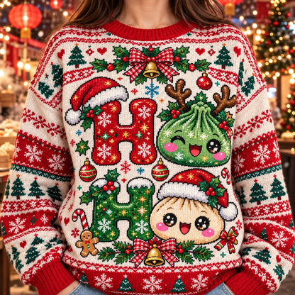 HO HO Dumplings knit ugly Christmas sweater - knit close-up
