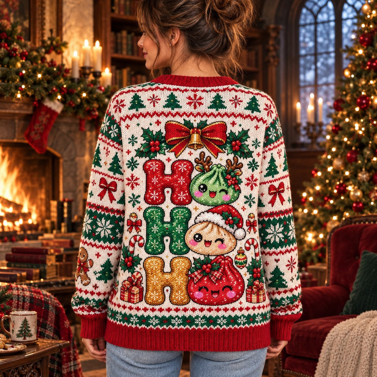 Ho Ho Ho Kawaii Dumplings knit ugly Christmas sweater - back