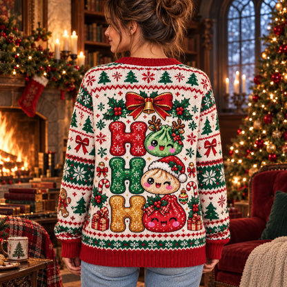 Ho Ho Ho Kawaii Dumplings knit ugly Christmas sweater - back