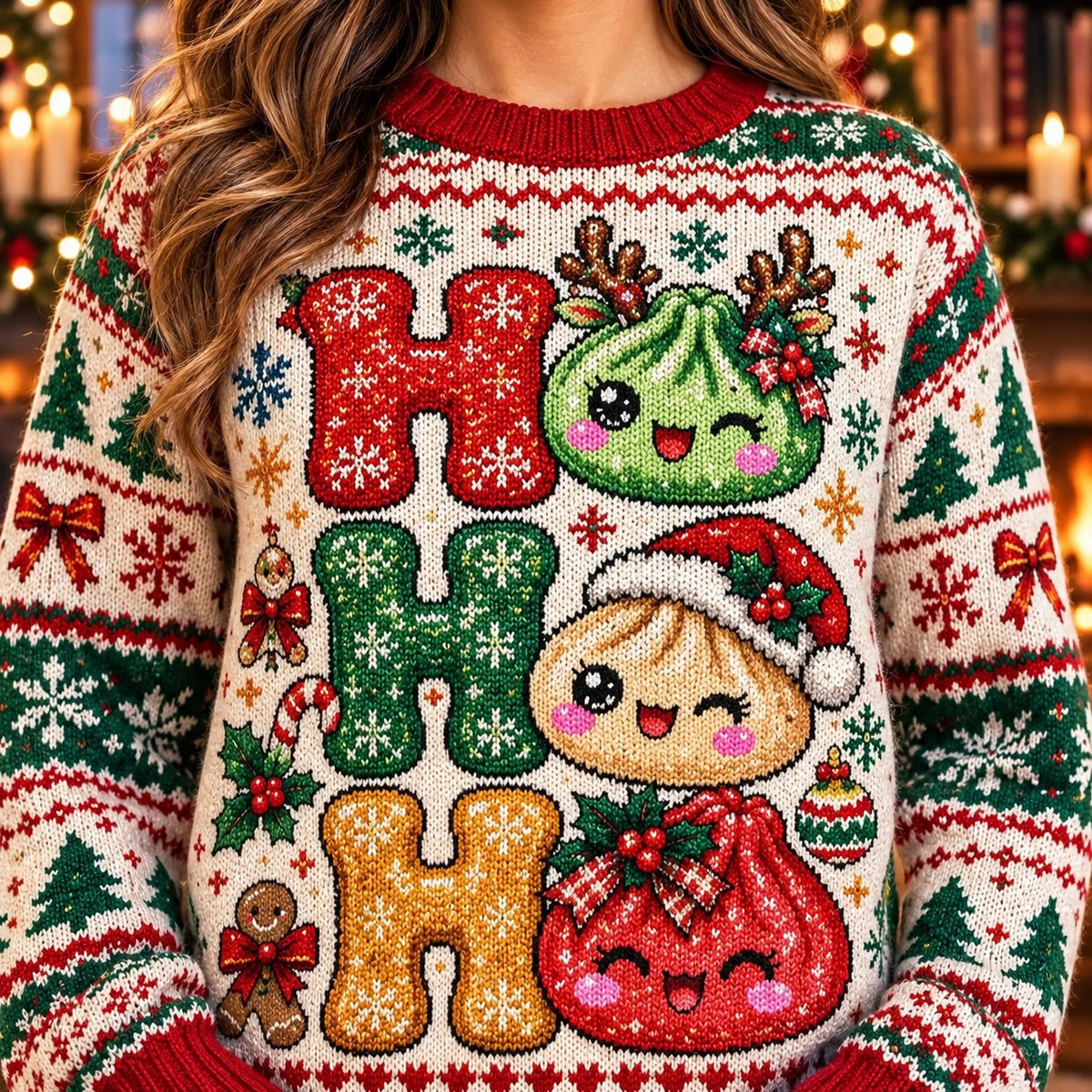 Ho Ho Ho Kawaii Dumplings knit ugly Christmas sweater - knit close-up