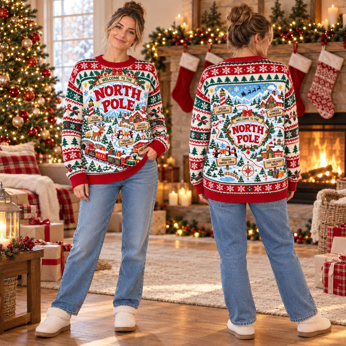 Welcome to the North Pole knit ugly Christmas sweater - front and back