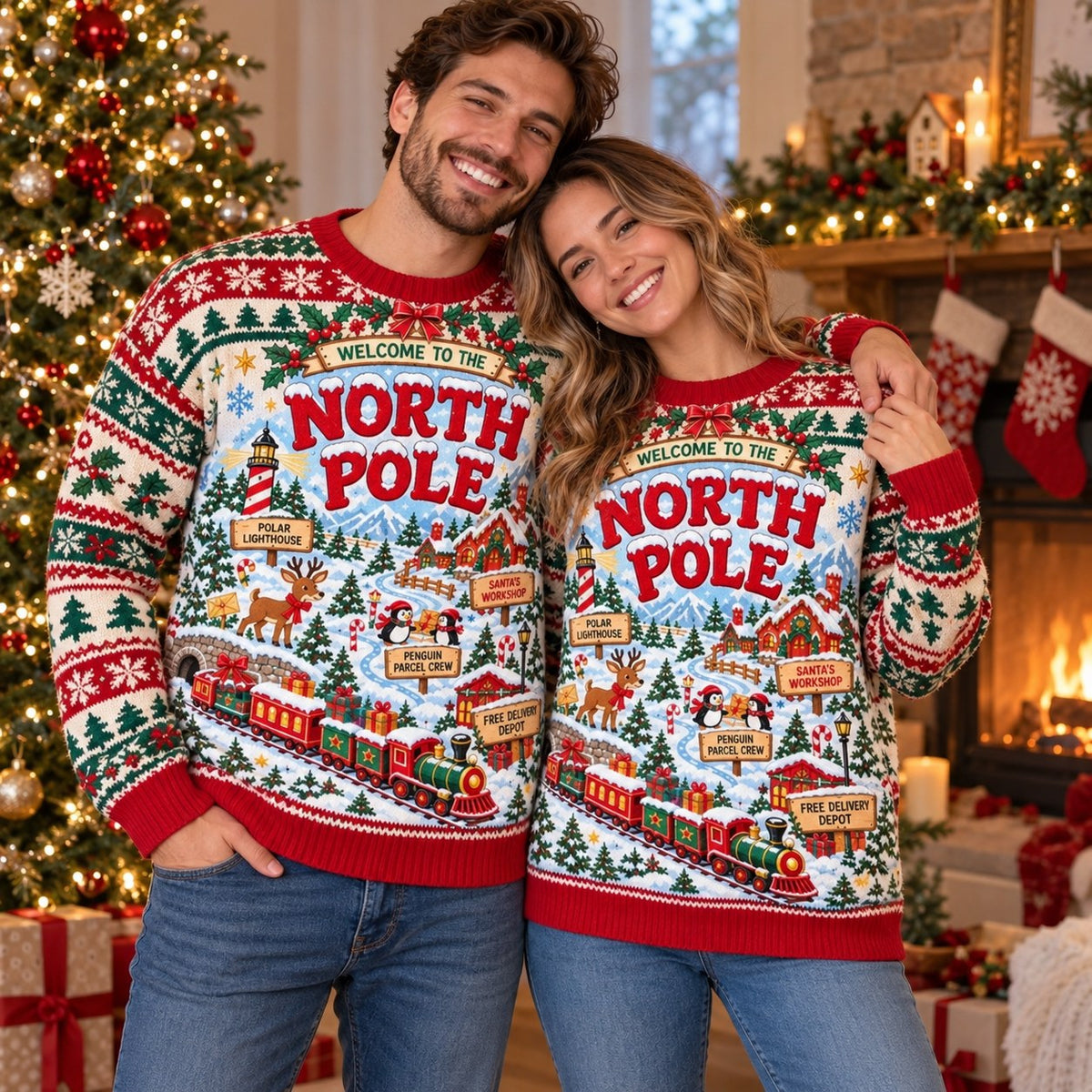 Welcome to the North Pole knit ugly Christmas sweater - couple
