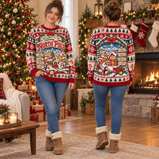 North Pole Village knit ugly Christmas sweater - front and back