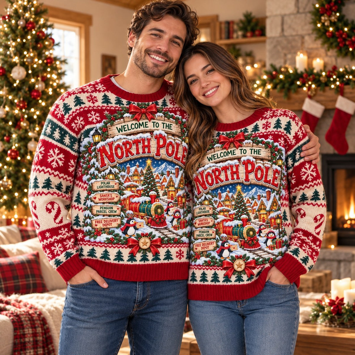 North Pole Village knit ugly Christmas sweater - couple