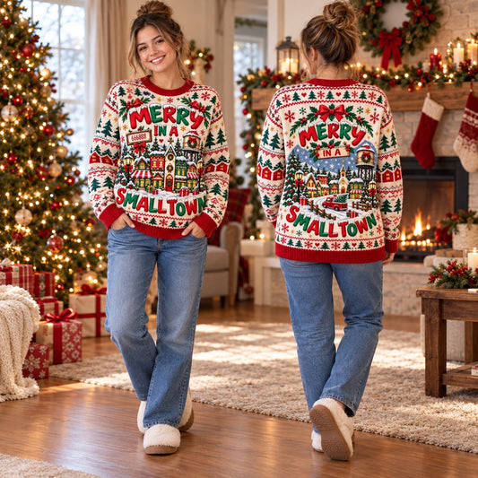 Merry in a Smalltown knit ugly Christmas sweater - front and back