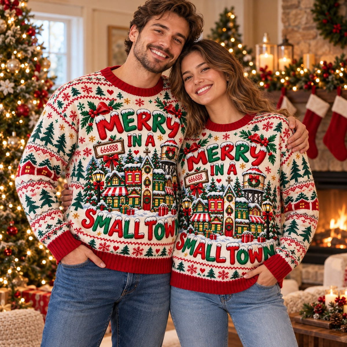 Merry in a Smalltown knit ugly Christmas sweater - couple