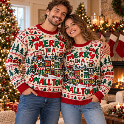 Merry in a Smalltown knit ugly Christmas sweater - couple