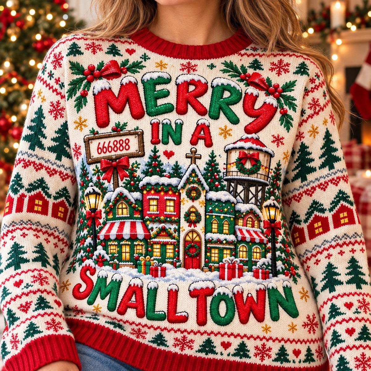 Merry in a Smalltown knit ugly Christmas sweater - knit close-up
