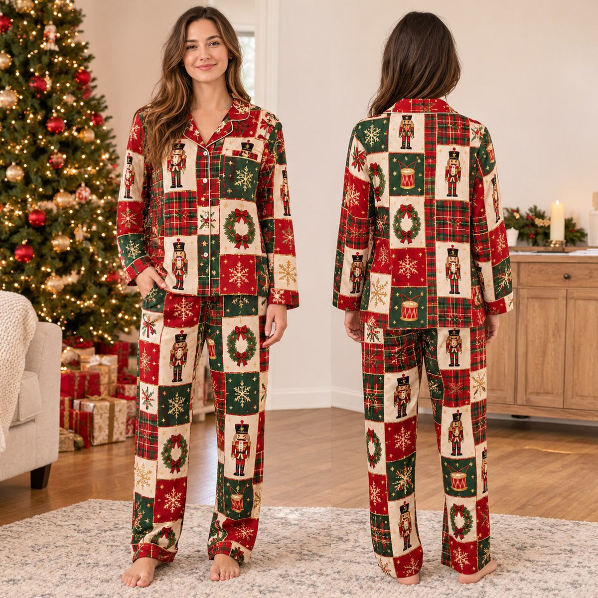 Nutcracker Patchwork Pajama Set - front and back view