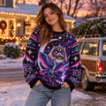 Purple Cosmic Cat Moon Bird Knit Ugly Christmas Sweater – Mystical Northern Lights Cat Lover Gift