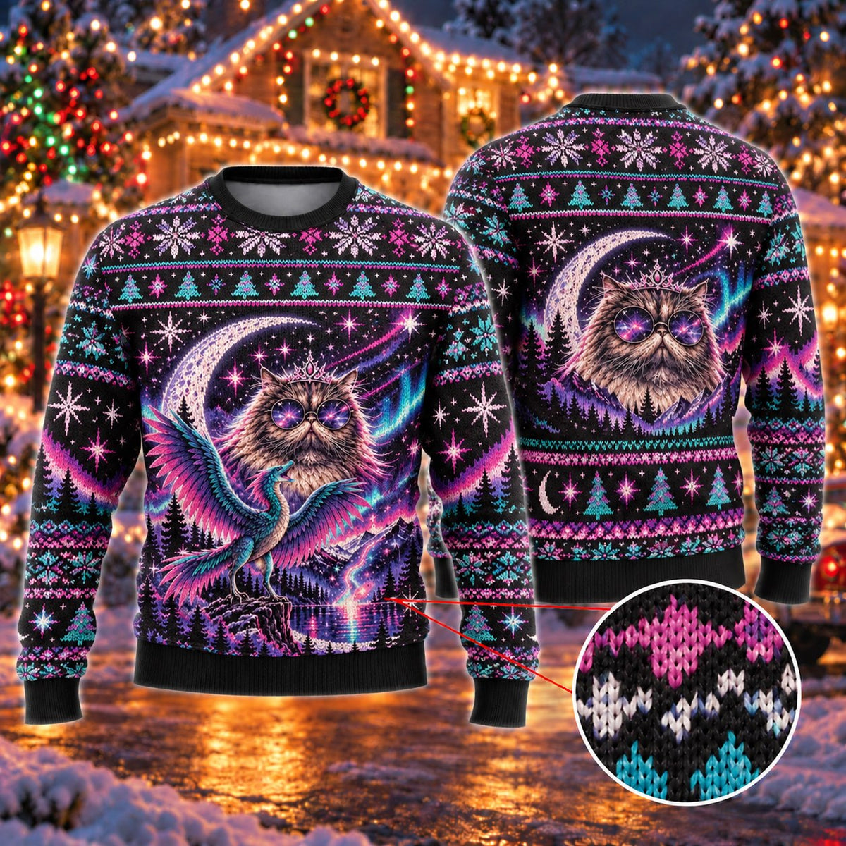 Purple Cosmic Cat Moon Bird Knit Ugly Christmas Sweater - front and back view