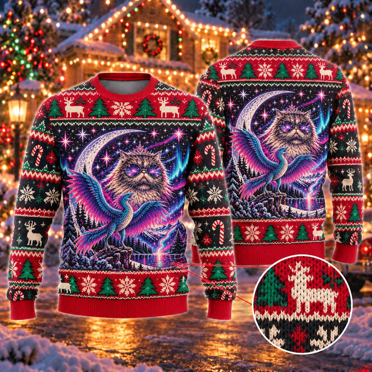 Red Green Cosmic Cat Moon Bird Knit Ugly Christmas Sweater - front and back view