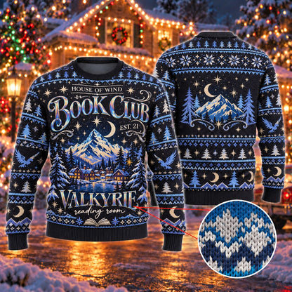 Mountain Book Club Reading Room Navy Blue Knit Ugly Christmas Sweater - front and back view