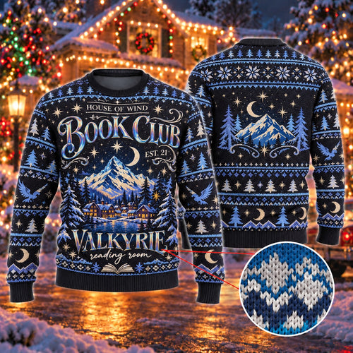 Mountain Book Club Reading Room Navy Blue Knit Ugly Christmas Sweater - front and back view
