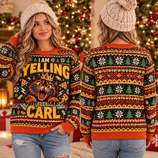 Angry Orange Cat Keyboard Knit Ugly Christmas Sweater - front and back view