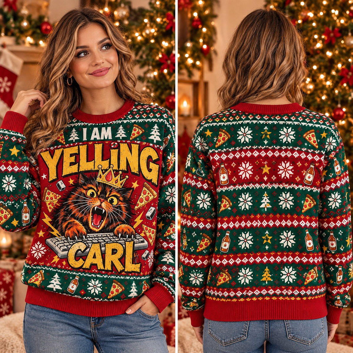 Angry Cat Keyboard Red Green Knit Ugly Christmas Sweater - front and back view