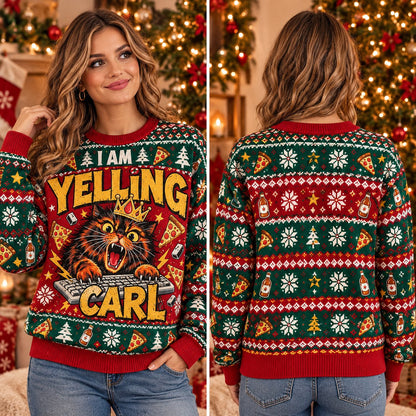Angry Cat Keyboard Red Green Knit Ugly Christmas Sweater - front and back view