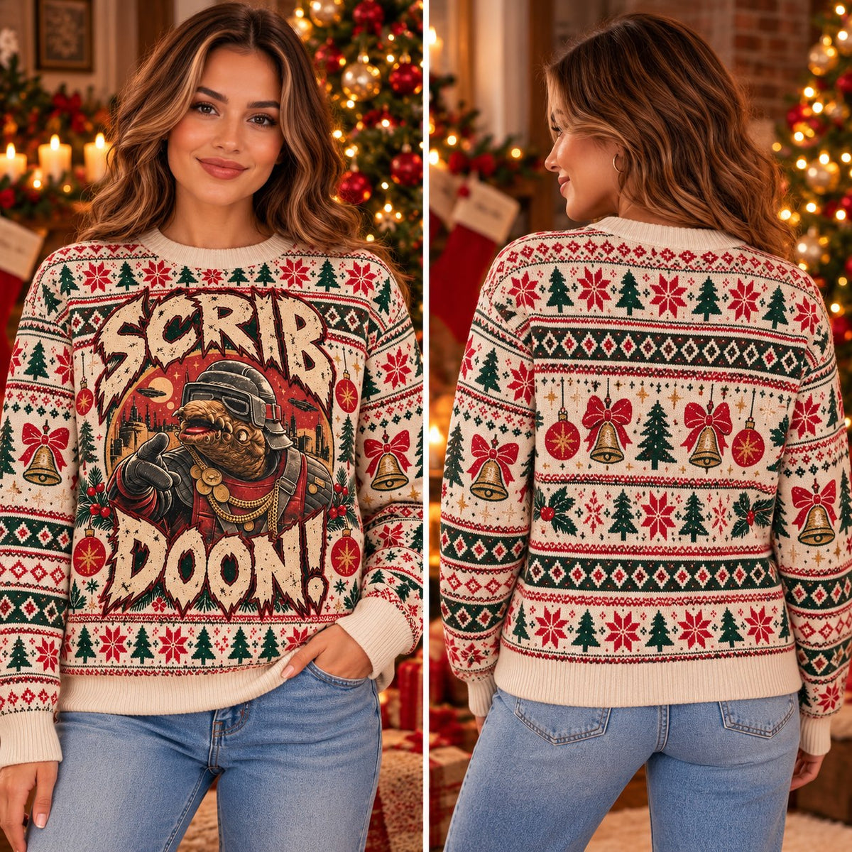 Santa Hat Swamp Creature Cream Bell Knit Ugly Christmas Sweater - worn front view