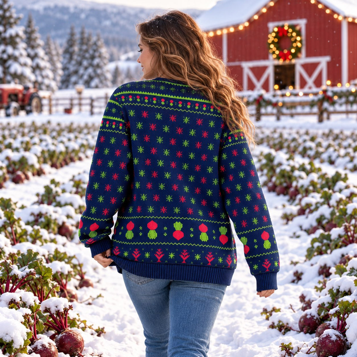 Merry Christmas From The Beet Farm Knit Ugly Christmas Sweater - worn back view