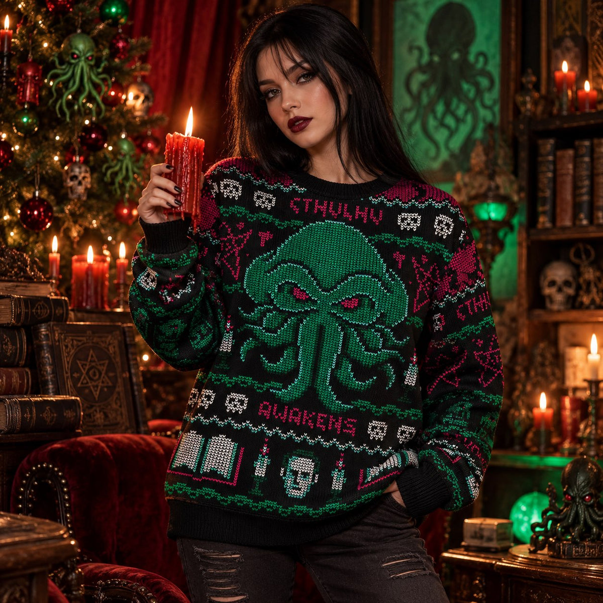 Gothic Tentacle Monster Black Pink Green Knit Ugly Christmas Sweater - worn front view