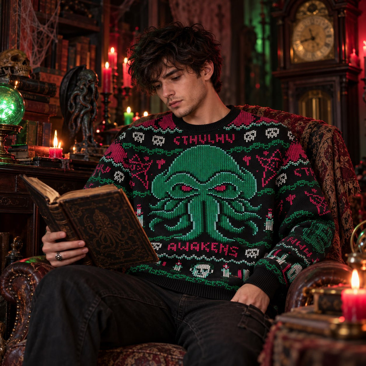 Gothic Tentacle Monster Black Pink Green Knit Ugly Christmas Sweater - front and back view