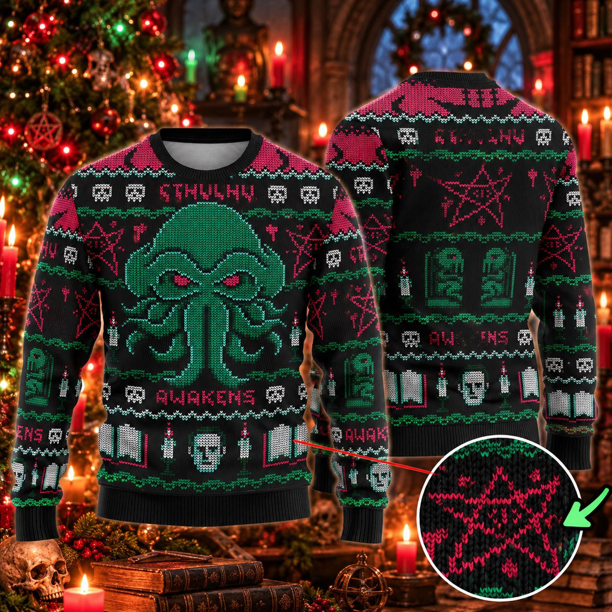 Gothic Tentacle Monster Black Pink Green Knit Ugly Christmas Sweater - view 3
