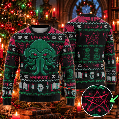 Gothic Tentacle Monster Black Pink Green Knit Ugly Christmas Sweater - view 3