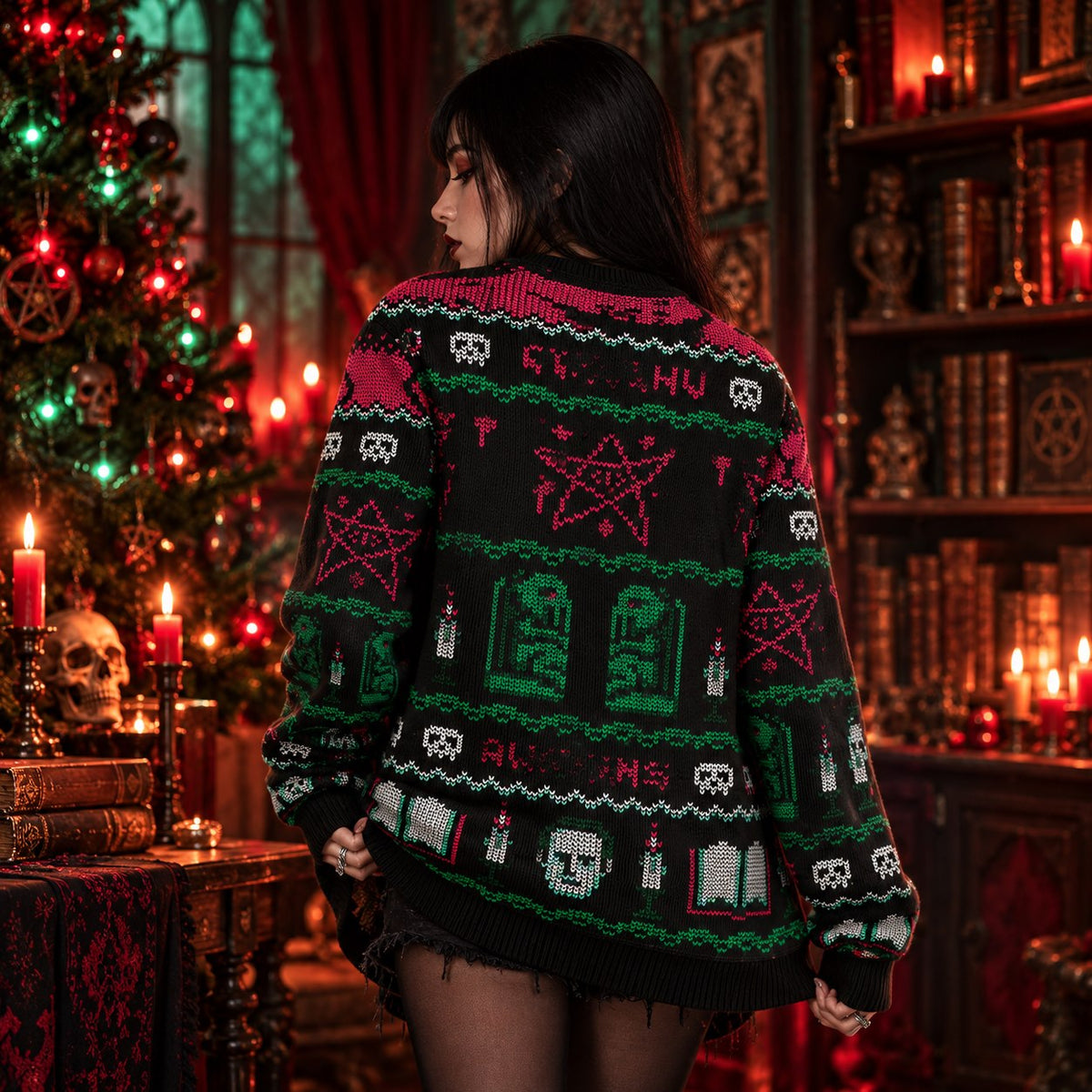 Gothic Tentacle Monster Black Pink Green Knit Ugly Christmas Sweater - view 4