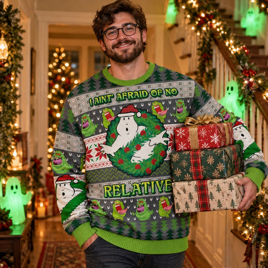 I Ain't Afraid of No Relatives Green Ghost Knit Ugly Christmas Sweater - worn front view