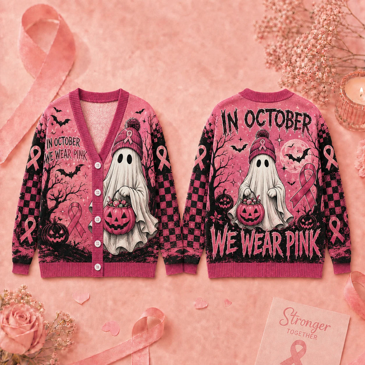 In October We Wear Pink Ghost Cardigan - Breast Cancer Awareness Halloween Sweater