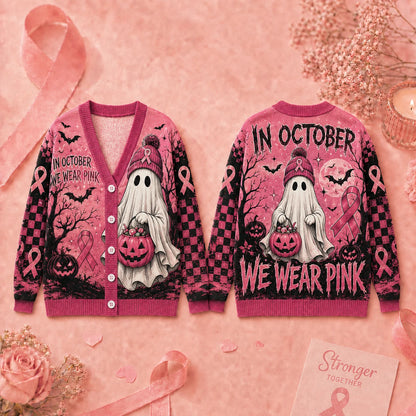 In October We Wear Pink Ghost Cardigan - Breast Cancer Awareness Halloween Sweater