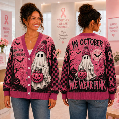 In October We Wear Pink Ghost Cardigan - Breast Cancer Awareness Halloween Sweater