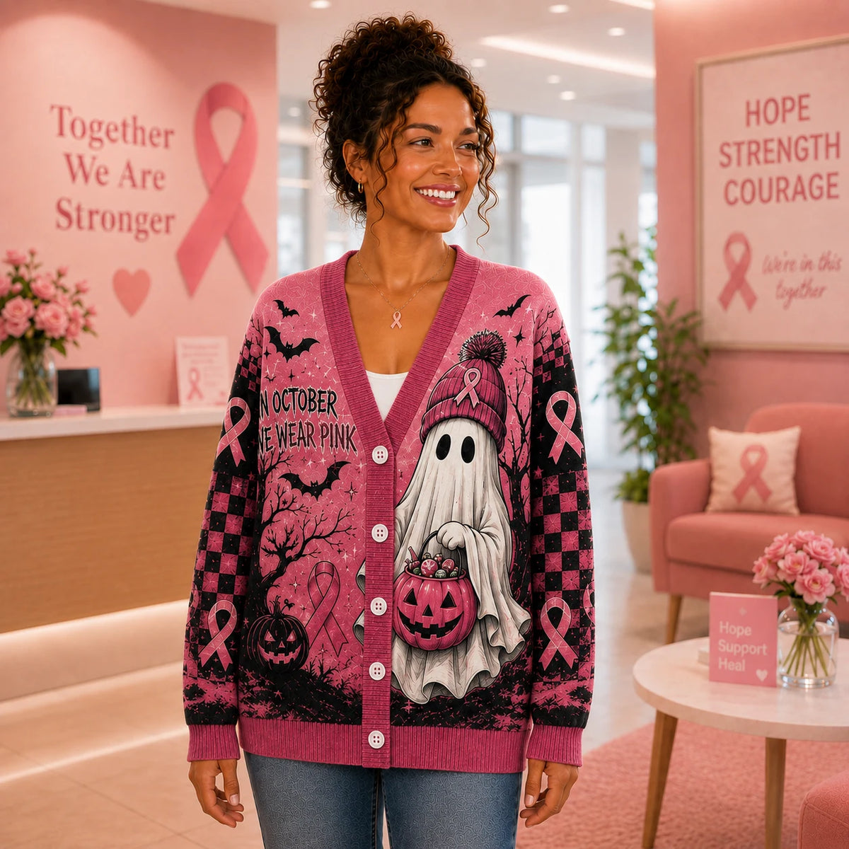 In October We Wear Pink Ghost Cardigan - Breast Cancer Awareness Halloween Sweater