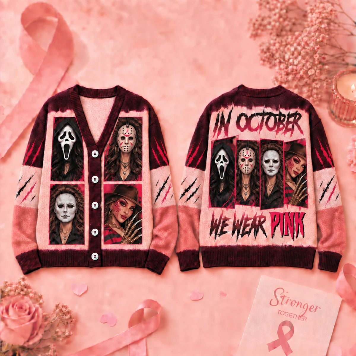 In October We Wear Pink Horror Cardigan - Villains Breast Cancer Awareness Sweater