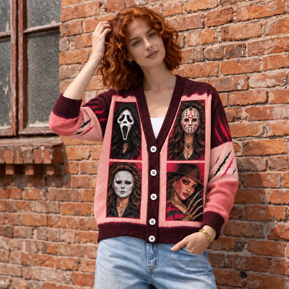 In October We Wear Pink Horror Cardigan - Villains Breast Cancer Awareness Sweater