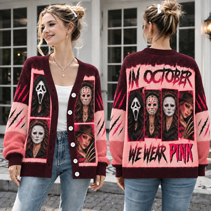 In October We Wear Pink Horror Cardigan - Villains Breast Cancer Awareness Sweater