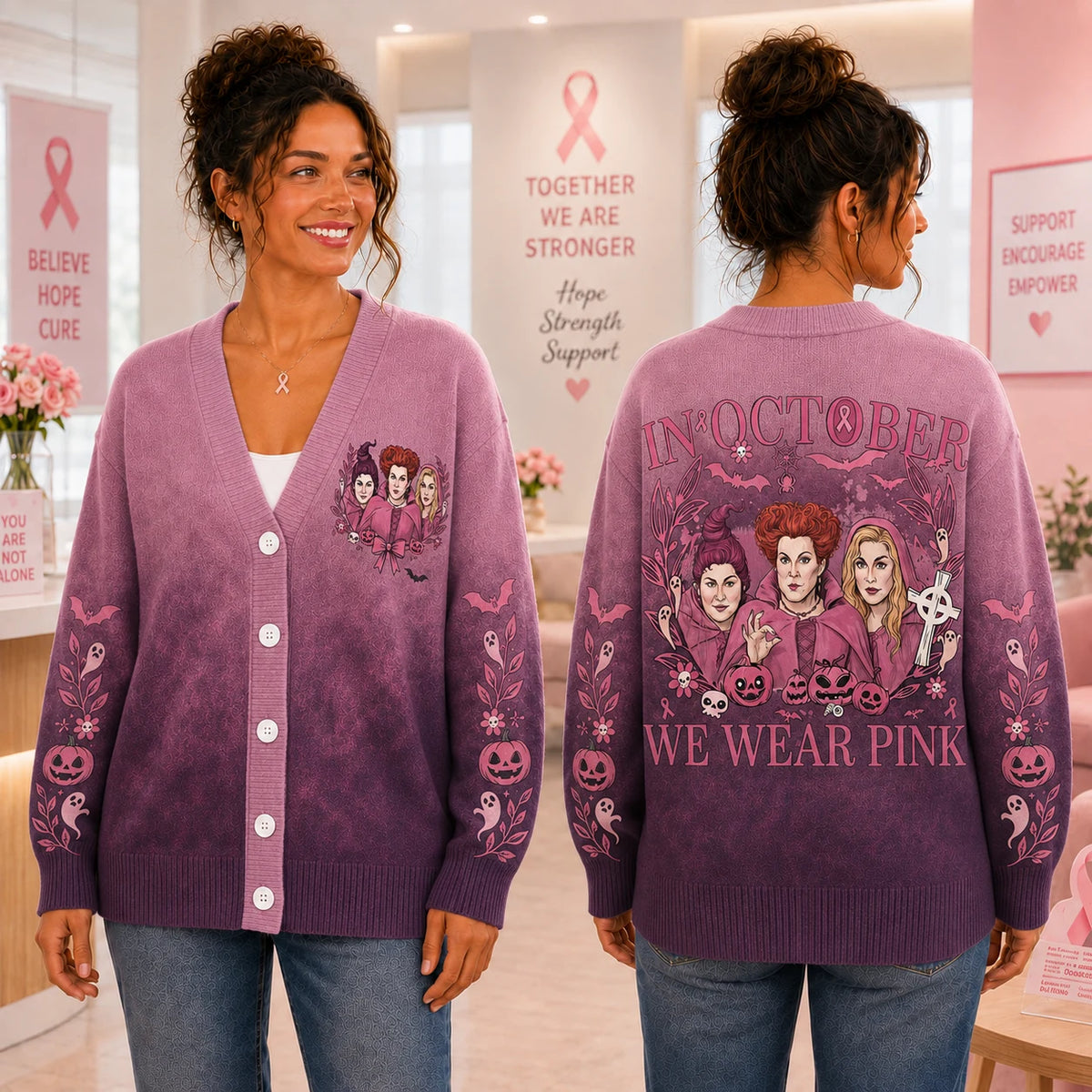 In October We Wear Pink Witches Cardigan - Hocus Pocus Breast Cancer Awareness Sweater