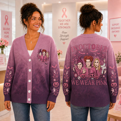In October We Wear Pink Witches Cardigan - Hocus Pocus Breast Cancer Awareness Sweater