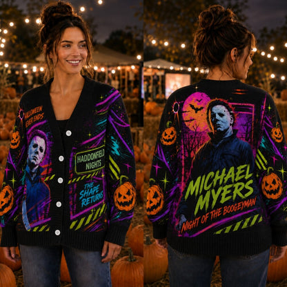Boogeyman Halloween Cardigan, Retro Slasher Horror Sweater, Neon Halloween Cardigan, Creepy Horror Fan Gift