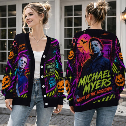 Boogeyman Halloween Cardigan, Retro Slasher Horror Sweater, Neon Halloween Cardigan, Creepy Horror Fan Gift