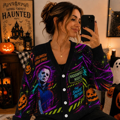 Boogeyman Halloween Cardigan, Retro Slasher Horror Sweater, Neon Halloween Cardigan, Creepy Horror Fan Gift