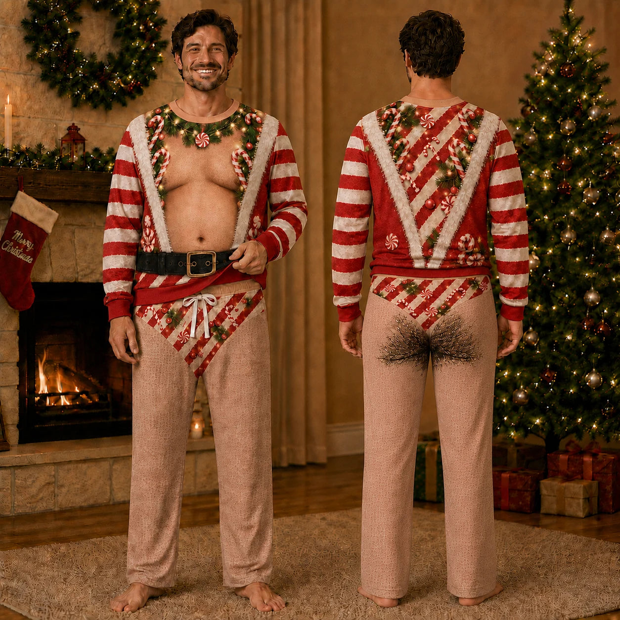 Mens fake muscle sweater Candy Cane design