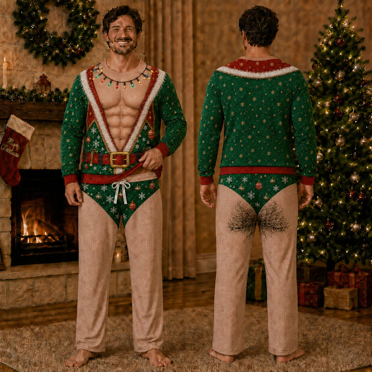 Mens fake muscle sweater Green Elf design