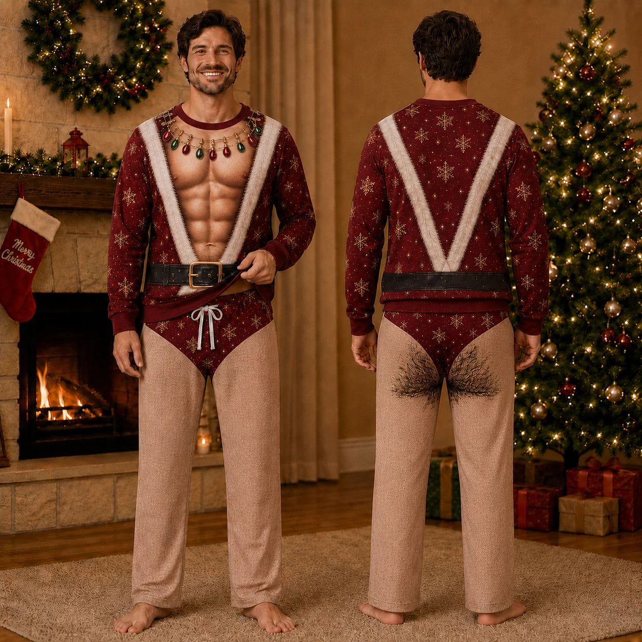 Mens fake muscle sweater Santa Snowflake design