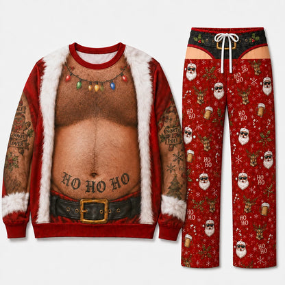 Naughty Matching Couples Christmas Pajamas - Ho Ho Ho Santa and Unwrap Me Body Print Set