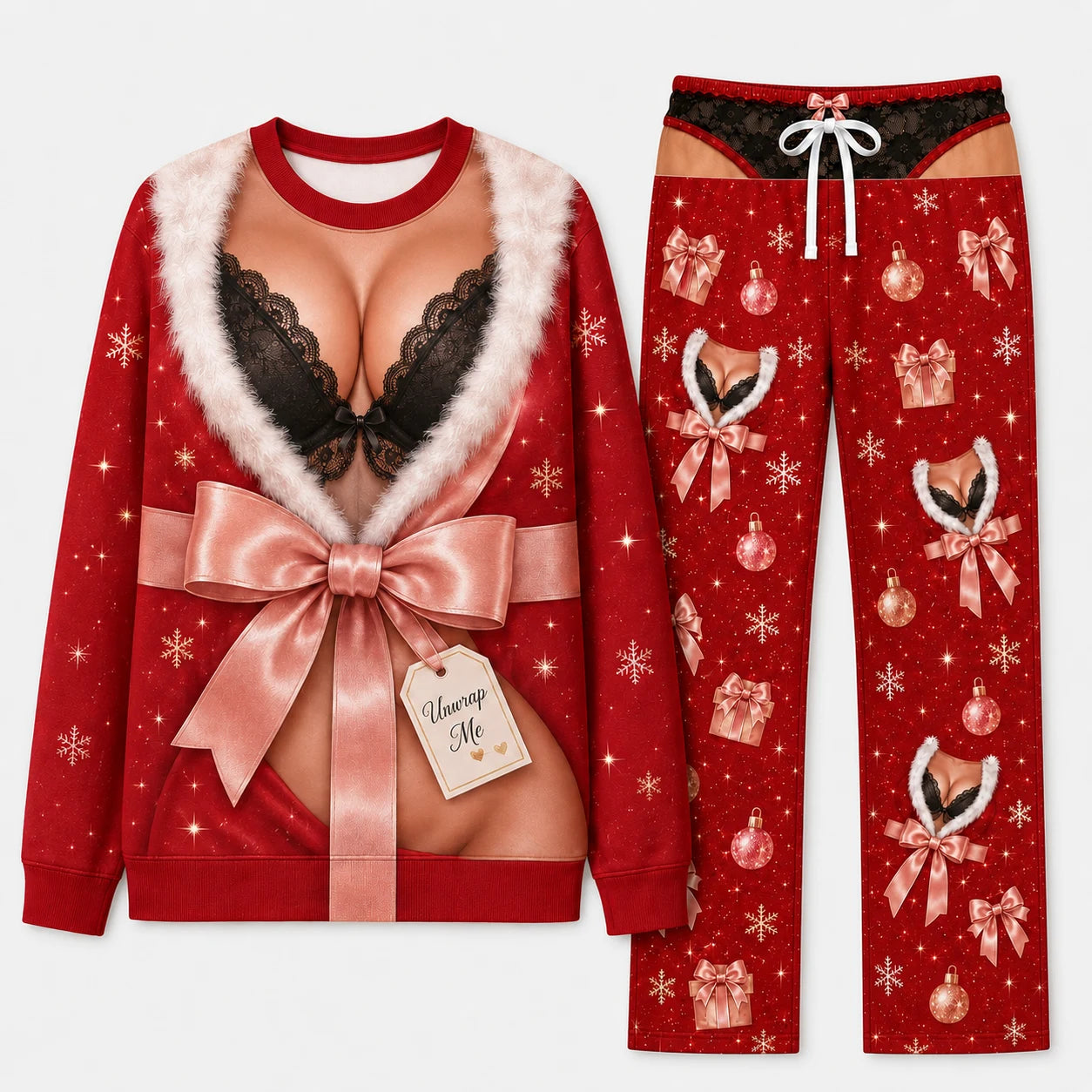 Naughty Matching Couples Christmas Pajamas - Ho Ho Ho Santa and Unwrap Me Body Print Set