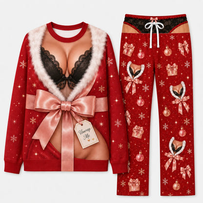 Naughty Matching Couples Christmas Pajamas - Ho Ho Ho Santa and Unwrap Me Body Print Set